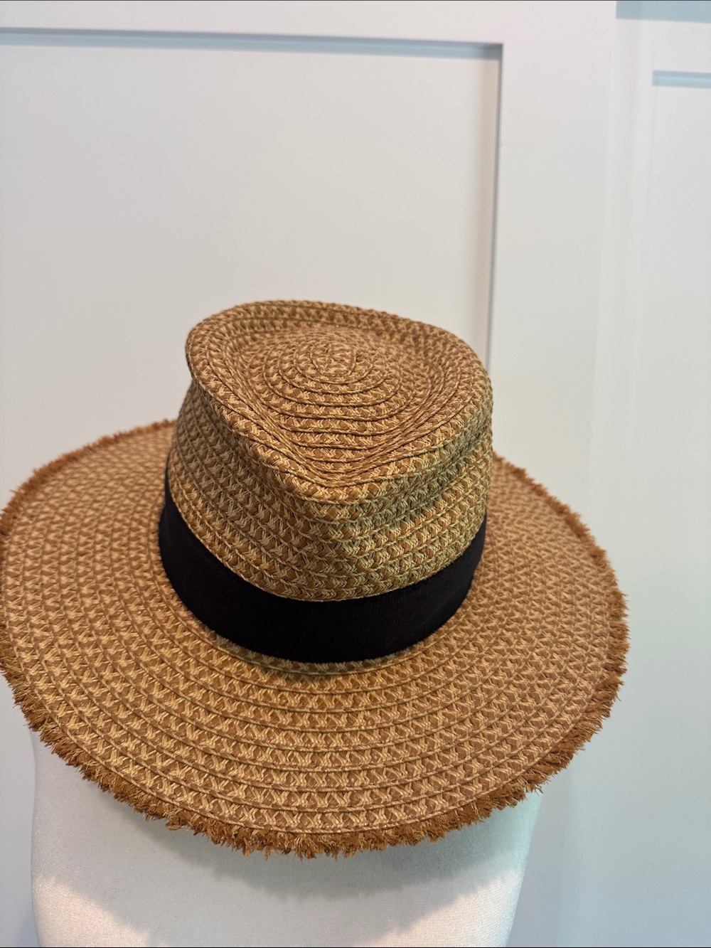 Eric Javits Tan Straw Boater Hat with Black Band